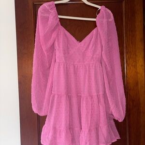 Lulu's Hot Pink Swiss Dot Tie-Shoulder Dress